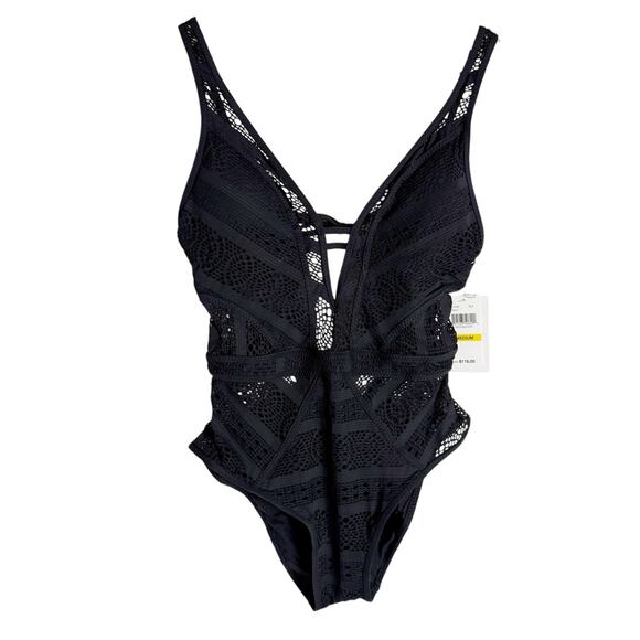 Becca Color Play Plunge Black Lace Open Back One Piece Swimsuit Size Medium - Picture 5 of 12